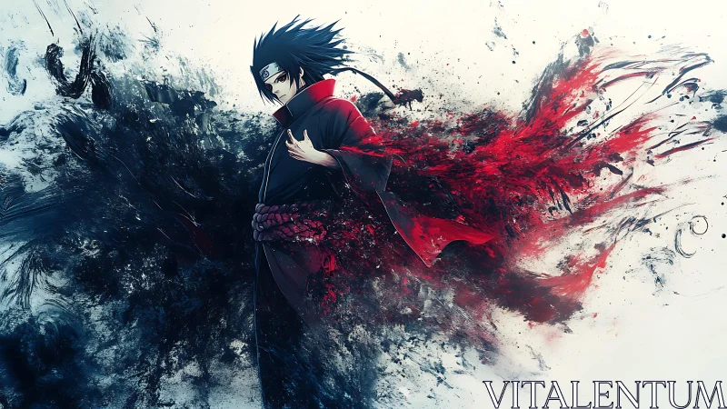 Dark-haired anime swordsman amid explosive red-black energy