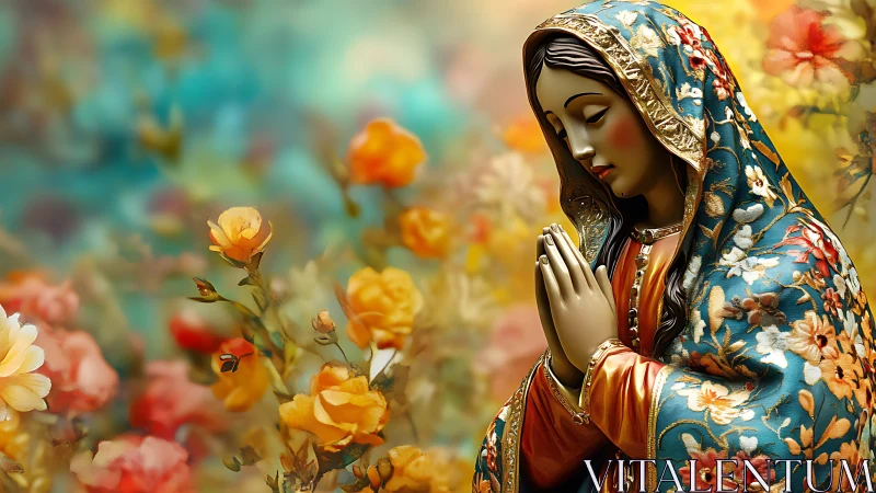 Devotional robed figure in floral mantle amid warm bokeh garden