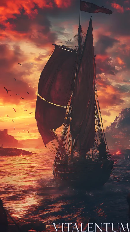 Sunlit sailing voyage under glowing crimson skies.