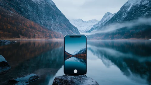 Smartphone frames mirrored fjord under winter mountains.