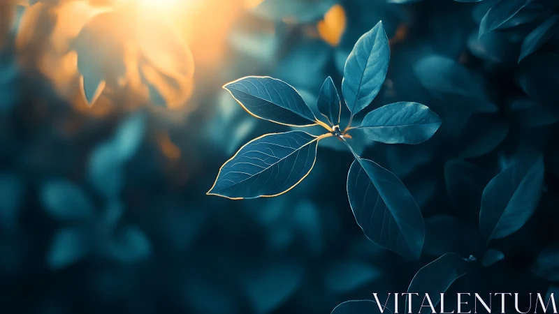 Close-up of Green Leaves with Warm Sunlight in Moody Style.