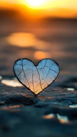 Fractured Ice Heart Silhouetted Against Golden Sunset Gradient Atmosphere