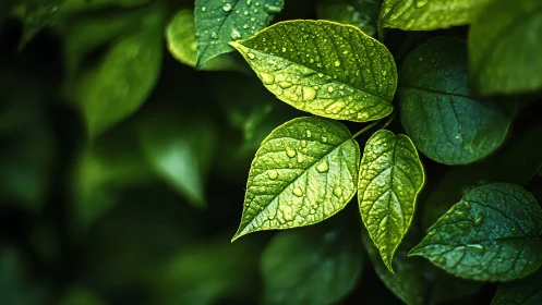 Macro study isolates dew-covered leaves in directional light