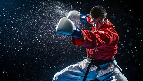 Martial artist throws powerful punch in dynamic spray scene.