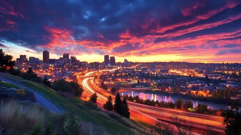 Glowing city skyline embraced by a vivid, fiery sunset sky.