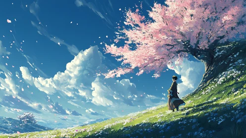 Wistful wanderer beneath wind-tossed cherry blossoms.