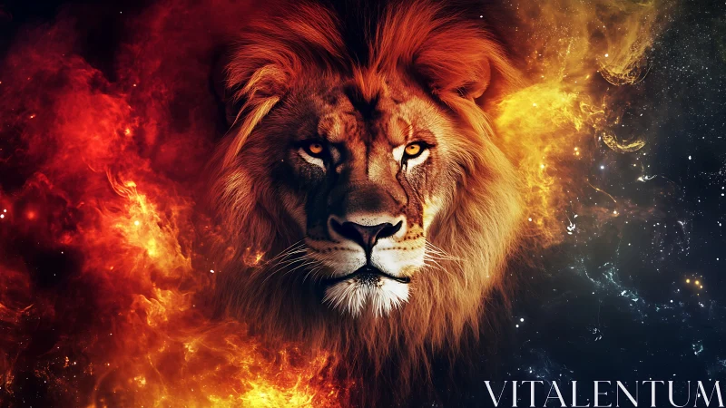 Lion head centered between fiery nebula and dark space