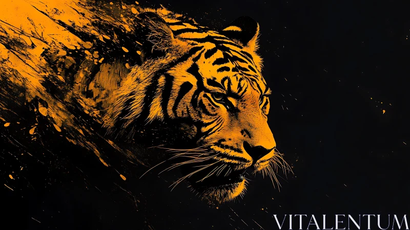 Tiger head profile in orange paint splatter on black field.