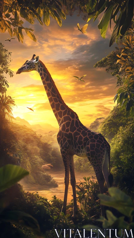 Giraffe Silhouette in Lush River Valley at Radiant Sunset.