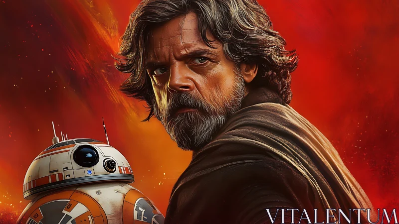 Weathered space wanderer guards loyal orange droid ally.