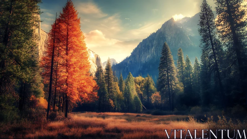 Autumn forest meadow sits below sunlit mountains and sky