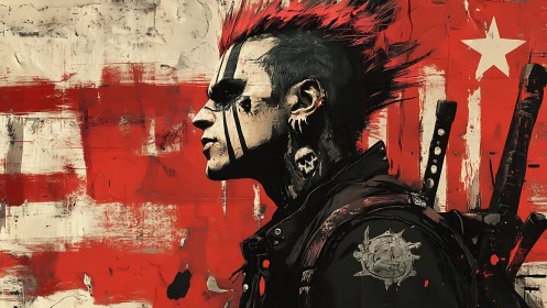 Punk warrior profile cuts silhouette against red battle flag