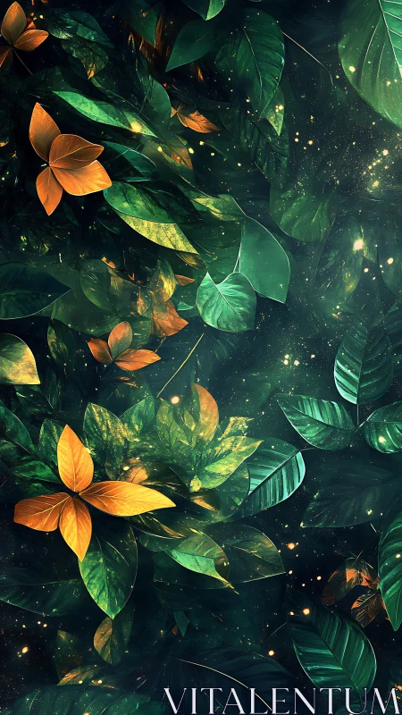 Luminous emerald foliage with golden leaves and particle glow