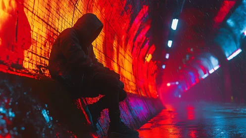 Hooded loner listens to neon rain drum on a burning tunnel