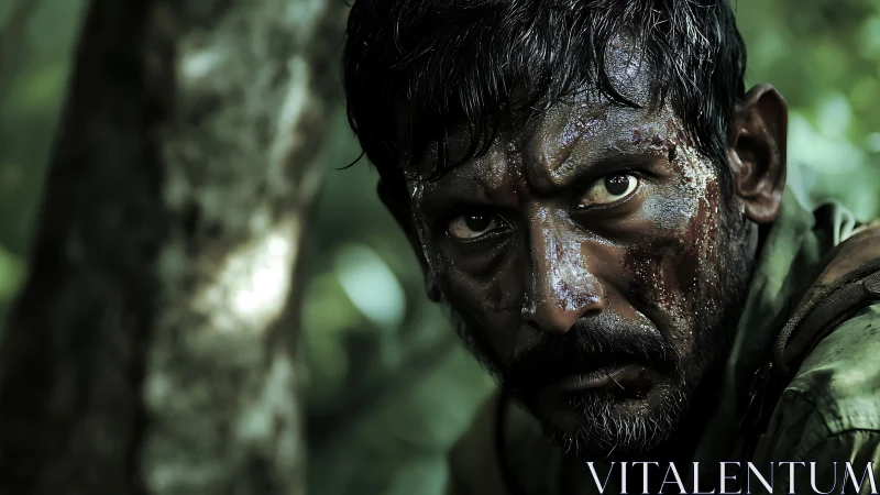 Scarred jungle survivor locking eyes with the unseen watcher.