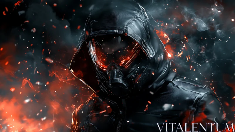 Masked cyber warrior stands amid burning digital embers.