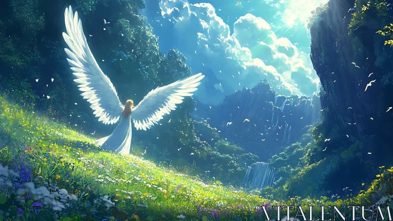 Angelic guardian unfolds luminous wings in radiant valley.