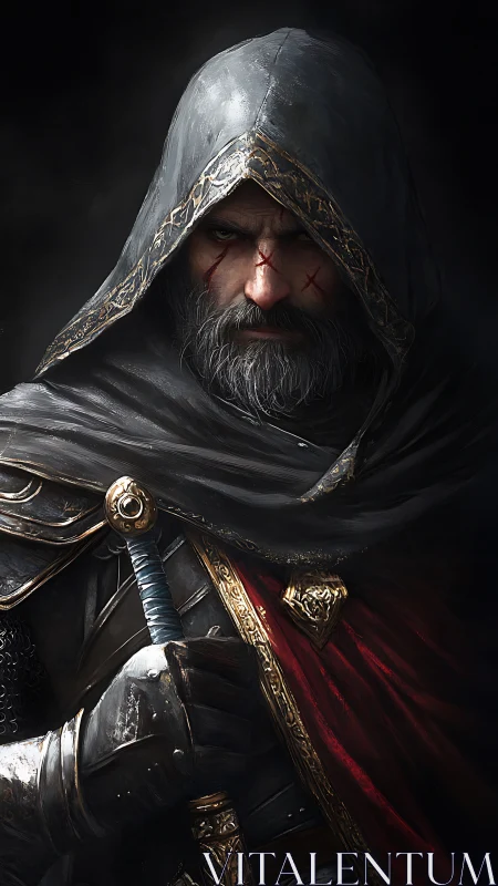 Hooded armored swordsman with facial scars in dark setting.