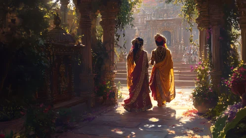 Sunlit temple colonnade with ceremonial figures in procession.