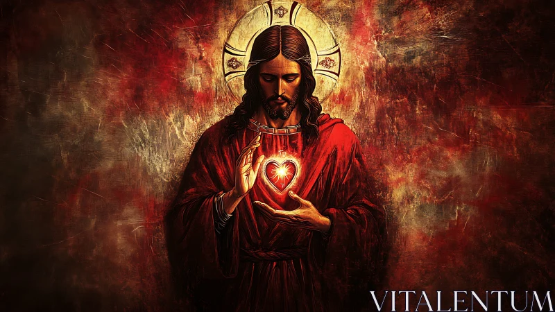 Radiant sacred heart cradled in crimson reverence glow.