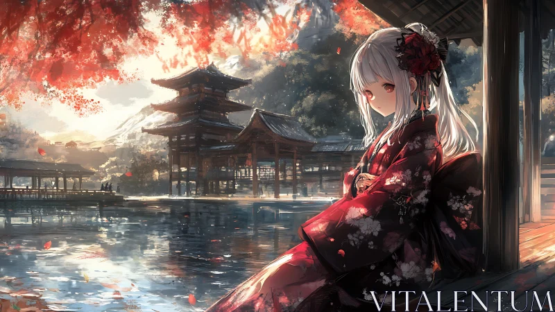 Kimono girl overlooks autumn shrine beside glowing lake.