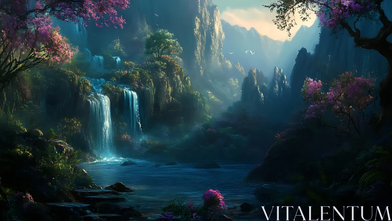 Enchanted waterfalls shimmer through a twilight fantasy valley.