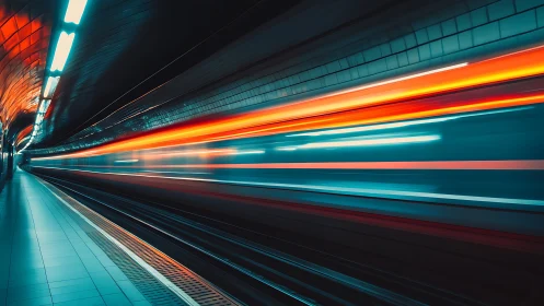 Long exposure subway transit with cyan-orange motion streaks