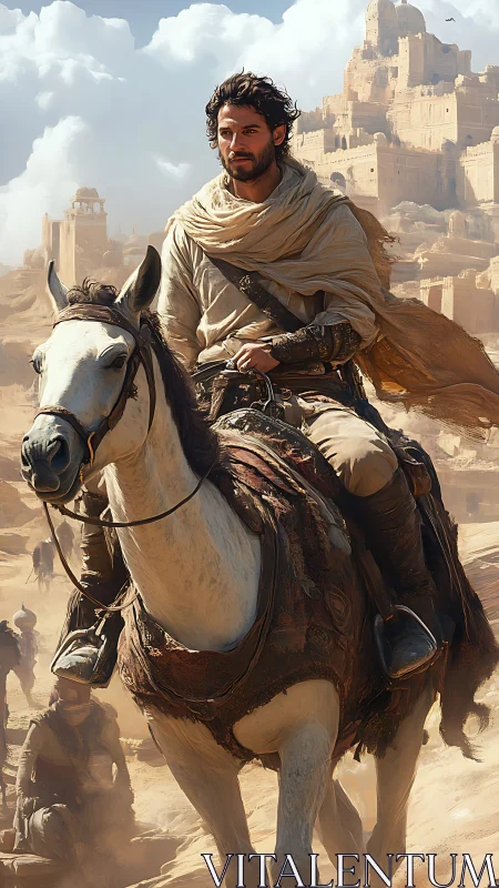 Desert rider surveys sandstone fortress under high sun.