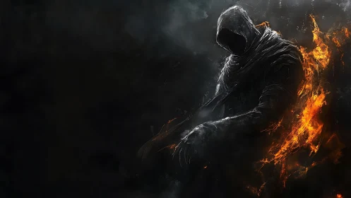Hooded dark figure emerges from shadow with trailing fire
