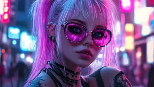 Neon lit portrait of young woman with pink reflective glasses.