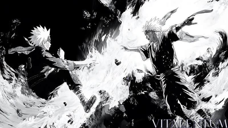 Two opposing manga figures confront within high-contrast flames