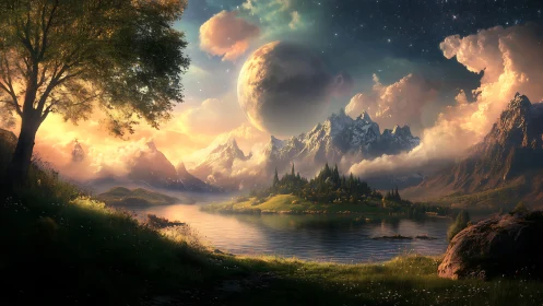 Astro-illuminated alpine valley with reflective lake basin.