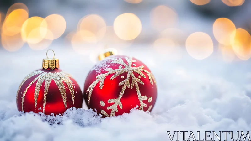 Crimson Christmas baubles rest softly in sparkling winter snow