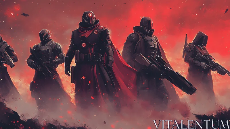 Armored sci fi squad advances through burning red fog