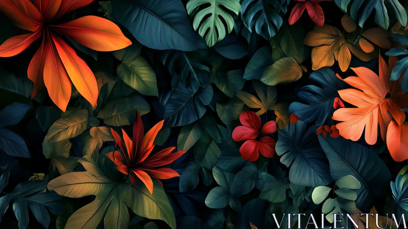 Digital tropical foliage with saturated orange and teal leaves