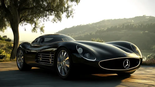Black Mercedes concept coupe on rural roadside at sunset.