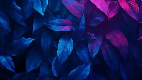 Blue and magenta leaves under dark background lighting.