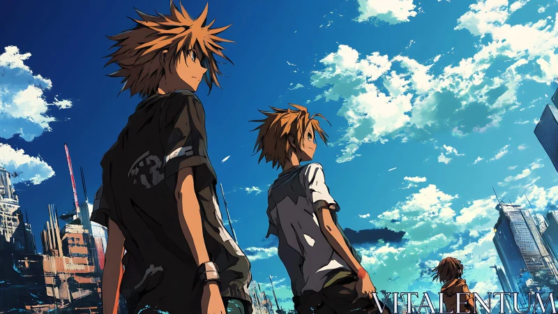 Skyward drifters crossing a neon-tinged, crumbling cityscape.