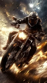 Motorcyclist accelerates through fiery debris with dynamic motion blur