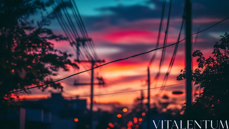 Urban power lines silhouetted against defocused sunset sky.