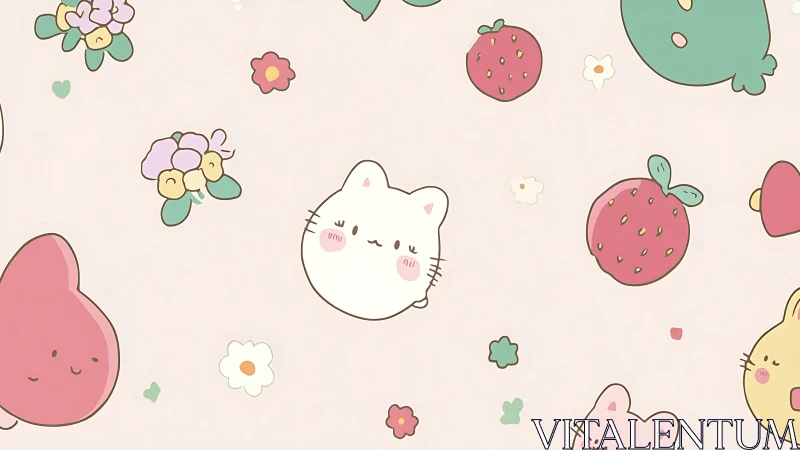 Soft pastel kittens drift among berries in sugared skies