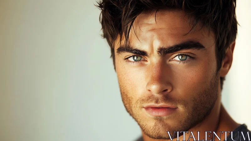 Intense close-up portrait of young man with green eyes.