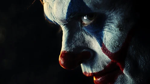 Sinister clown close-up under harsh chiaroscuro lighting.