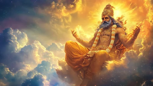 Digital rendering shows a seated bearded deity figure in clouds