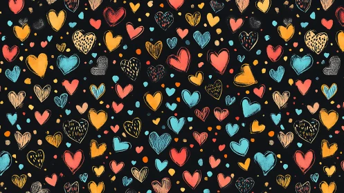 Colorful Hand-Drawn Hearts Pattern on Dark Background.