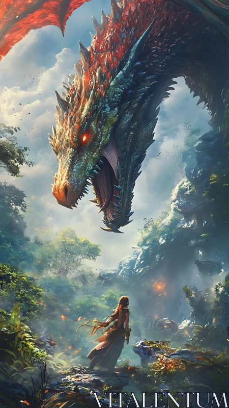 Fiery dragon towers above lone mage in lush mountain valley