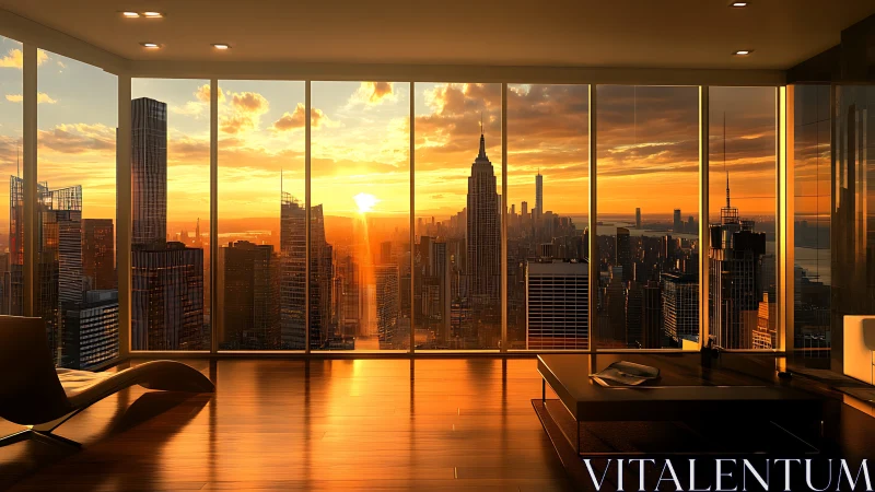 Luxury penthouse overlooks a glowing city skyline at sunset