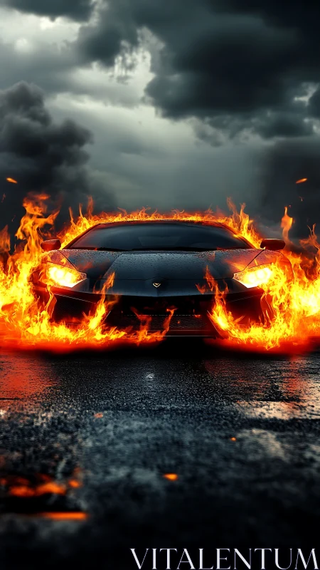 Sports car engulfed in flames on wet asphalt roadway.