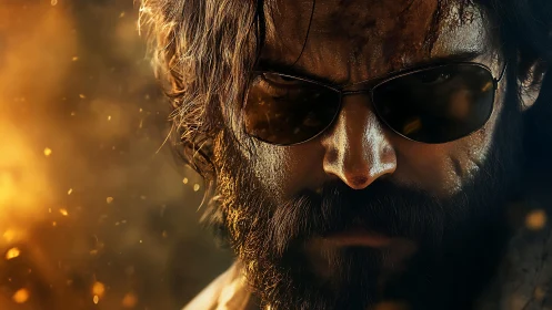 Burning glare slashes through sparks around a battleworn face