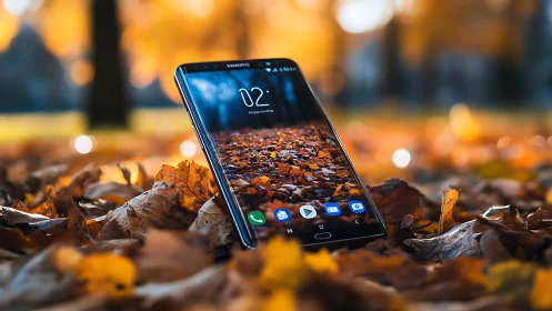 Samsung smartphone positioned on autumn ground covered with fallen leaves